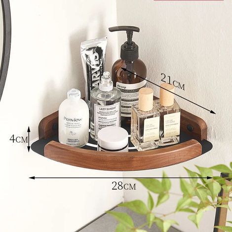 (B) Ensemble d'étagères de salle de bain en bois, étagère de douche, étagère murale de salle de bain en bois, support pour sèche-cheveux, étagère d'angle pour salle de bain (1/5)