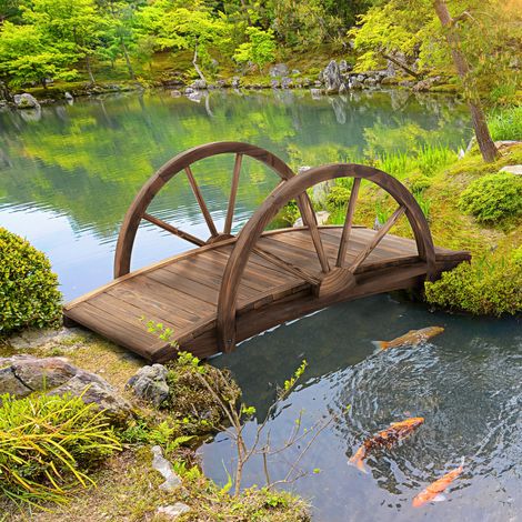 Ponte da giardino in legno con ringhiera a mezza ruota, portata massima 150 kg, 100 x 50 x 37 cm, marrone