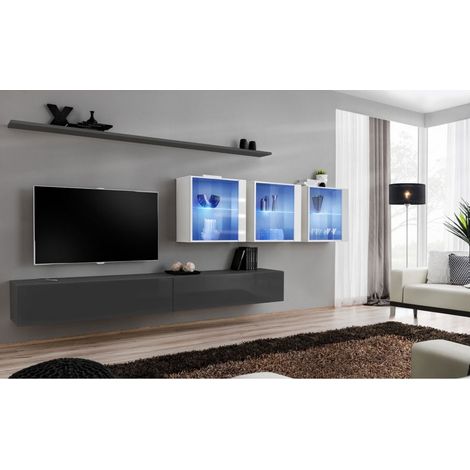 Ensemble mural - Switch XVII - 3 vitrines LED - 2 banc TV - 2 étagères - Blanc et graphite - Modèle 2 - Livraison gratuite