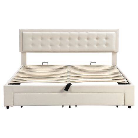 Lit double 160x200 velours beige avec coffre et tiroirs rangement