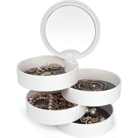 Boîte à bijoux blanche rotative à 360° à 4 niveaux pour boucles d'oreilles, colliers, bagues et bracelets. (1/5)