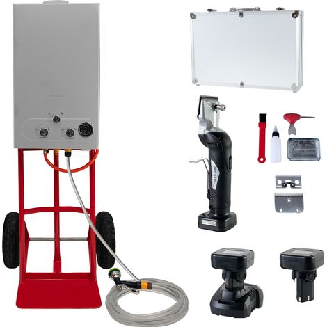 Ducha Portátil para Caballos con Esquiladora Inalámbrica 180W, Calentador de Agua 36kW, Depósito 18L, Manguera 10m, 2 Baterías y Carro Abierto Rojo (1/5)