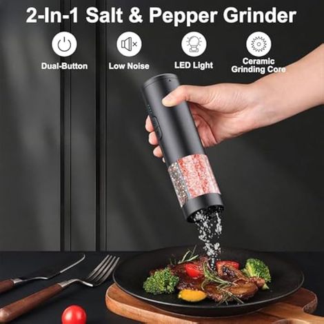 2 en 1 électrique Moulin Poivre et Sel,USB Rechargeables Moulin Sel Poivre avec éclairage LED,Moulin à épices à Mouture réglable pour la Cuisine, Les Pique-niques et Les Barbecues (1/3)