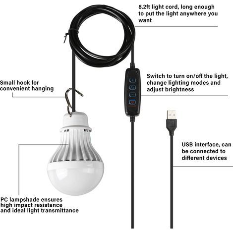 Outdoor USB LED Flashlight, Warm/White/Warm White Light, Adjustable Brightness, Hook for Camping, Hiking, Emergency Portable (1/5)