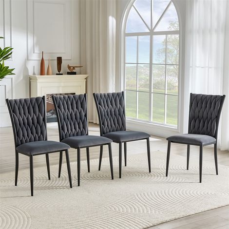 Lot de 4 Chaises de Salle à Manger - 58,00x45,00x94,00cm - Dossier Tressé à la Main et Pieds Noirs - Velours Gris Foncé (1/5)
