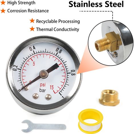Kraftstoffdruckmesser, Öldruckmesser mit 1/8"-NPT- und 3/8"-Anschluss, Druckmessgerät von 0–15 psi (1/4)