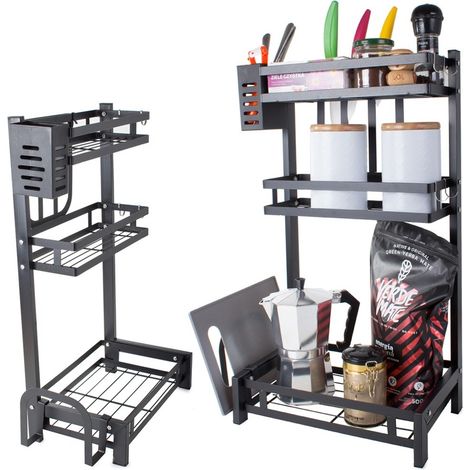 Étagère de cuisine à 3 niveaux, noire, porte-épices en métal avec crochets, rangement suspendu pour ustensiles (1/5)