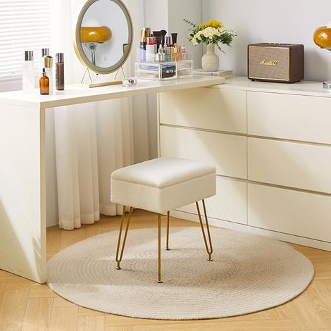 HBD031W Ottoman Stool with Storage Space Makeup Stool Velvet Teddy Footstool Square Dressing Table Chair Metal Legs for Living Room 40 x 30 x 47 cm White (1/5)
