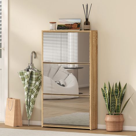 Schuhschrank für den Flur mit 3 Türen und Spiegel, schmales Schuhregal für 9 Paar Schuhe, 65 x 17 x 114,5 cm, Natur