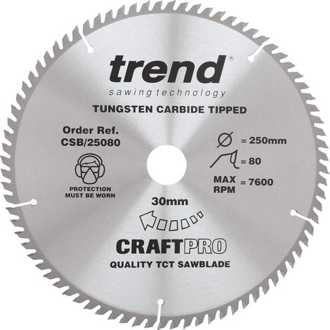 Trend Lama per sega di finitura CraftPro TCT con rifinitura fine per sega circolare da banco, diametro 250 mm x 80 denti x 30 foro, punta in carburo di tungsteno, CSB/25080