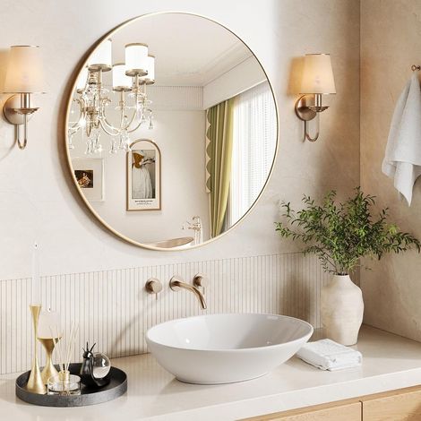 Miroir Rond Mural 76x76cm, Cadre en Métal Doré, Miroir Décoratif pour Salle de Bain, Chambre, Salon, Couloir (1/5)