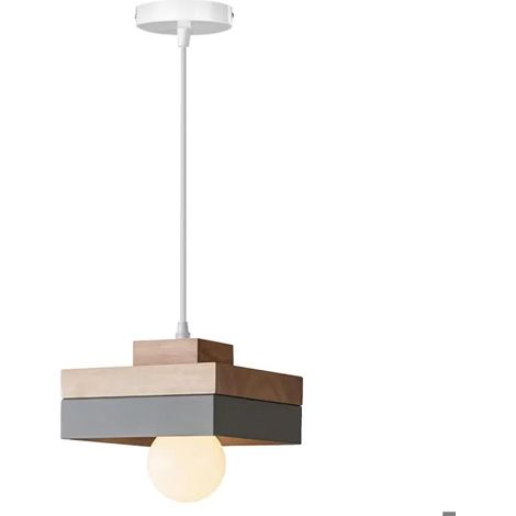 Lampe Suspension Vintage ,Lustre Luminaire Industriel en Carre E27 Retro Lampe de Pafond Abat-jour en Bois Gris,18x18cm (1/5)