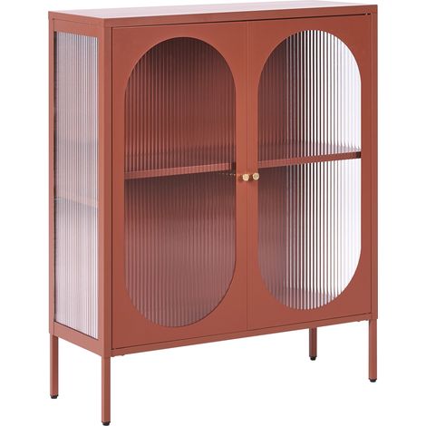 Aparador vitrina industrial moderno de acero 2 puertas y elementos de vidrio marrón dorado Sarre