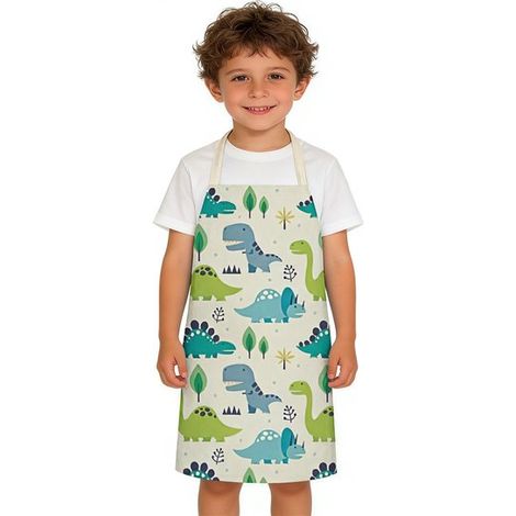 Grembiule per bambini con motivo di dinosauri in stile cartone animato, ideale per dipingere e cucinare in cucina. Consigliato per bambini e bambine. (1/5)