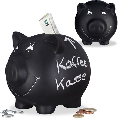 2x Sparschwein, zum Beschriften, Keramik, Kreide, Hochzeit, Geburtstag, Taufe, Spardose, HxBxT: 14 x 17 x 13 cm, schwarz