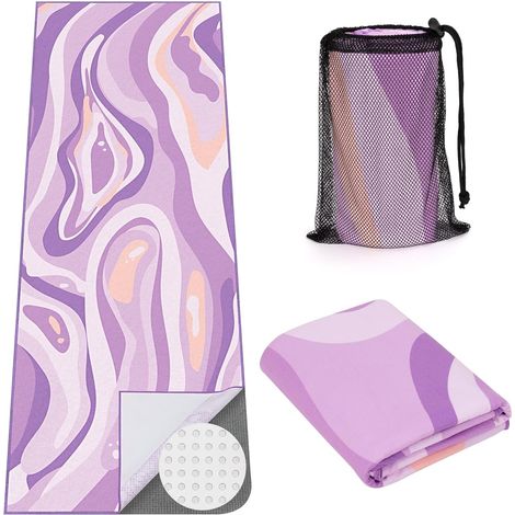 Serviette pour Tapis de Yoga Mat Microfibre Antidérapante avec Poches Aux Coins pour Yoga Chaud, Pilates, Salle de Sport, 188 × 66 cm, Violet (1/5)