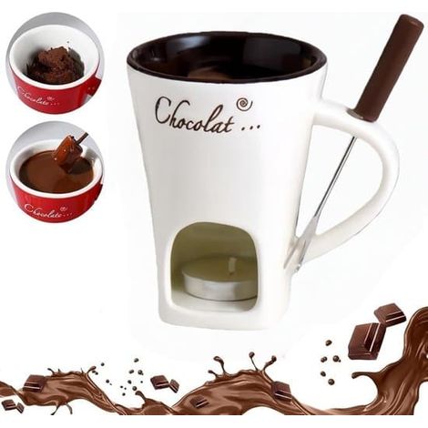 Tasse à fondre le chocolat, en céramique, avec fourchettes, idéale pour les fêtes et anniversaires. Parfaite pour faire fondre le chocolat chaud et réchauffer desserts et en-cas. Facile à nettoyer. (1/5)