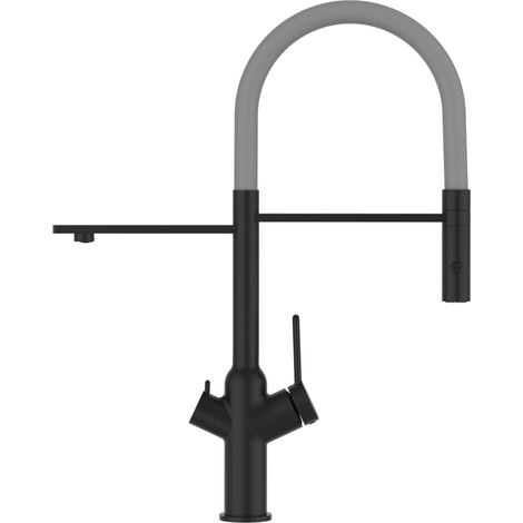 Rubinetto 3 vie miscelatore cucina Nero Opaco con canale separato per acqua filtrata, canna grigia movibile e doccia due getti staccabile - serie BOD (1/5)