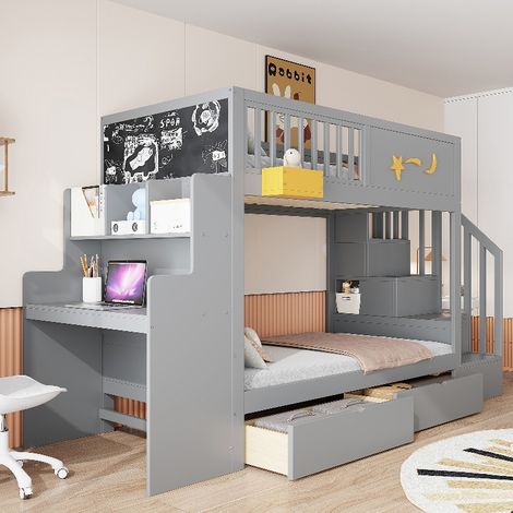 Etagenbett für Kinder 90x200 cm mit Schreibtisch und Sicherheitstreppe - Graues Hochbett aus Massivholz mit Schubladen und Stauraum