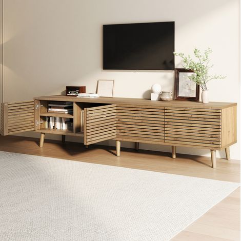 Meuble TV 180x40x46 cm pour écran jusqu’à 75 pouces, 4 portes ajourées, passe-câbles, MDF et panneau, naturel (1/5)