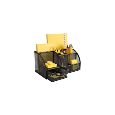 Organiseur de bureau en métal grillagé avec tiroir et porte-stylos, coloris noir, rangement multifonction (1/5)