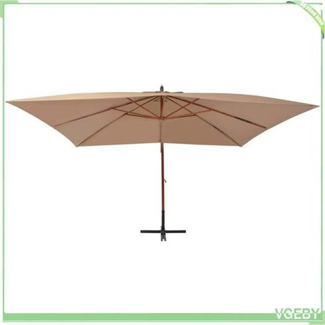 Parasol de jardin déporté - FAFEICY - 400×300 cm - Mât bois déporté - Toile polyester anti-UV taupe - 8 nervures, manivelle (1/5)