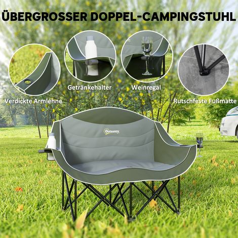 Chaise de camping pliante double avec porte-verre et housse de transport, capacité max 250 kg, vert (1/4)
