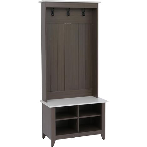 Panca guardaroba appendiabiti HHG-680, da ingresso con scarpiera, 4 ganci, legno melamina, 170x76x39 cm, color noce