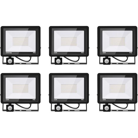 6PACK - Projecteur LED 100W Avec Détecteur de Mouvement, Blanc Froid (6000K) 10000LM, Extérieur IP66 Imperméable, Pour Sécurité, Garage, Couloir