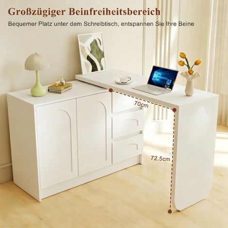 Bureau d’angle L blanc pivotant 360°,équipé de trois tiroirs et armoire. Table informatique gain de place pour bureau domestique et salle d’étude.