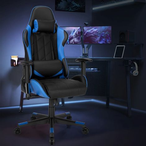Swivel High Back Racing Chair with Headrest and Lumbar Pillow-Blue (1/5)