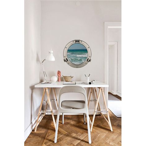 Sticker mural hublot vue sur mer bleu, 75x60cm - Autocollant déco murale trompe l'oeil (1/5)