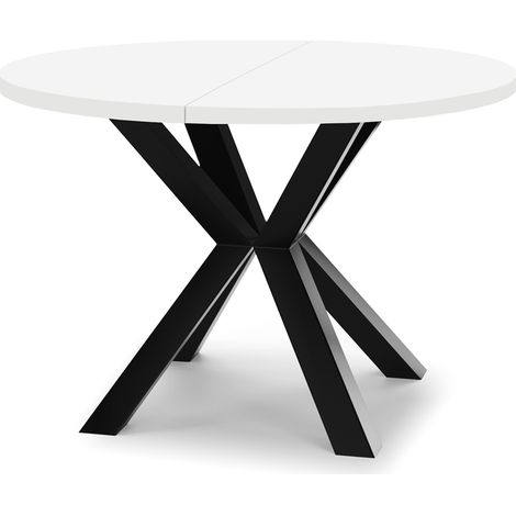 Table de salle à manger ronde extensible RAL avec pieds en bois, style loft, industriel, diamètre : 110 / 160 cm, couleur : blanc / noir (1/4)