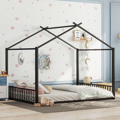Lit enfant 140x200cm maison design cadre métal robuste noir (Sans matelas) (1/5)
