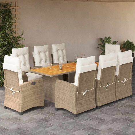 Salon de jardin repas 9 pièces en poly rotin beige, 8 chaises réglables, table et coussins - PANGIVO (1/5)