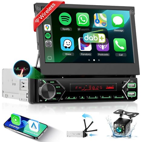Autoradio Dab+ 1 DIN Bluetooth avec CarPlay et Android Auto sans Fil, avec écran Pop-up motorisé, écran Tactile 7 Pouces, Mirror Link FM, USB Type-C, Microphone AUX, caméra de recul (1/5)