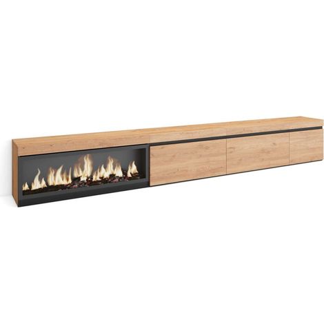 Mueble TV Adamuz de 317x45x35 cm con chimenea eléctrica XXL, color roble (1/4)
