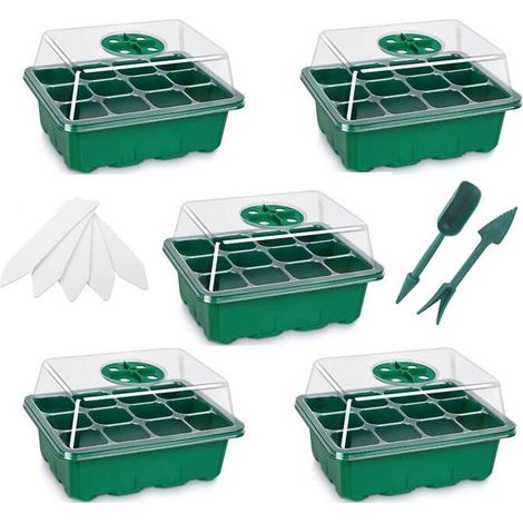 Mini Serre pour Plantes, 5 Pièces 12 Cellules Intérieure Plateau Semis Bac à semis Pépinière Bote de Culture avec Couvercle et Ventilation Durables (1/4)