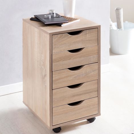 Caisson de bureau 5 tiroirs 33x38x64 cm décor chêne avec roulettes (1/5)