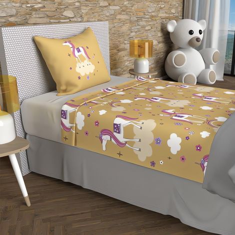 Parure de draps 180x290 cm LICORNES jaune, 100% coton 57 fils/cm2, par Soleil d'Ocre (1/5)