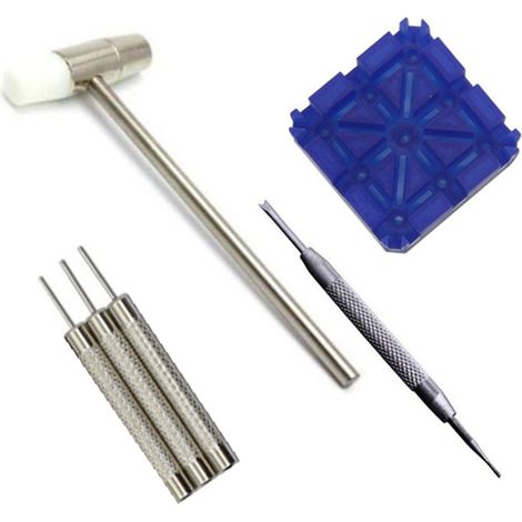 Kit de retrait de bracelet de montre bleu - Outil portable avec marteau, bloc et poinçons pour ressorts (1/5)