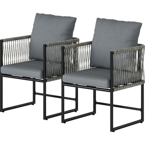 Ensemble de 2 chaises de jardin résistantes aux intempéries, en acier et rotin PE, avec coussins, accoudoirs et dossier, 52 x 52 x 66 cm, gris foncé (1/5)