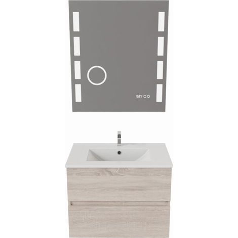 Cuisibane – Meuble salle de bain 70 cm avec plan vasque céramique – Miroir LED Excellence – 2 tiroirs à extension complète – Caisson suspendu blanc brillant (1/5)