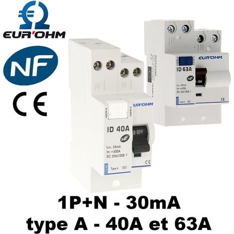 Interrupteur différentiel Phase Neutre - 30mA - Type A - 40A ou 63A - Calibre - Calibre 40A - type A