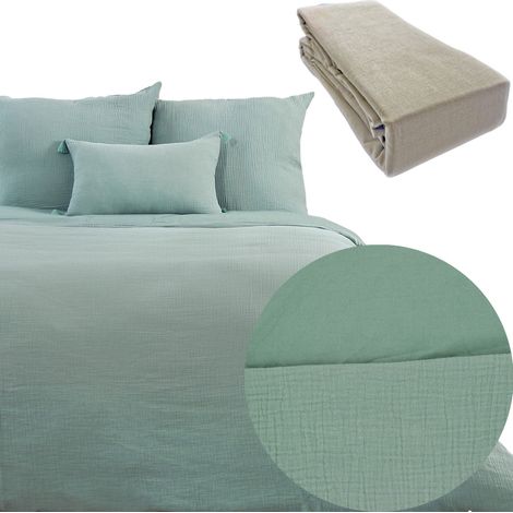 Parure 260x240 gaze de coton AMANDE + DH OBIO beige 140x190 à 200 (1/4)