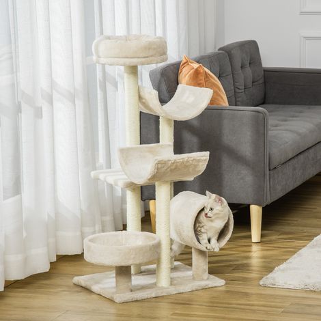 Arbre pour chat beige 105x40x50 cm avec tunnel et jouets, idéal pour le plaisir des félins