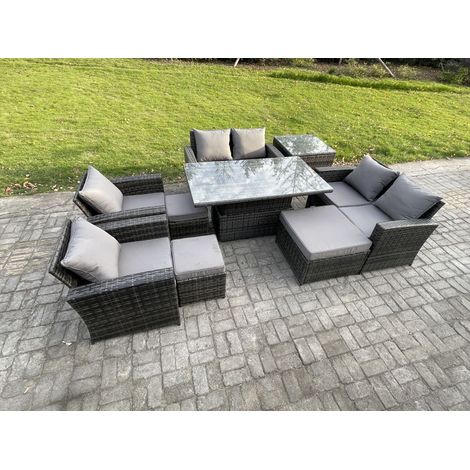 Fimous Outdoor Garden Furniture Sets 9 Pieces Wicker Rattan Furniture Sofa Dining Table Set with 3 Footstools Side Table Dark Grey Mixed (1/5)