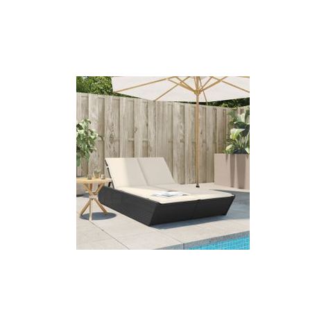 Chaise longue double avec coussins noir résine tressée (1/5)