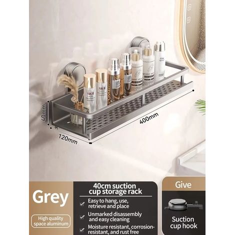 (Couche grise 40 cm - A7) Étagère de rangement murale pour salle de bain avec ventouses puissantes, organisateur en aluminium sans perçage pour les articles de toilette et de douche essentiels (1/5)