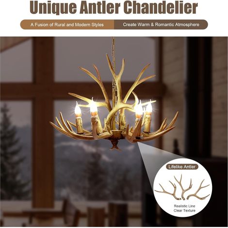 Lustre en bois de cerf en résine - Plafonnier décoratif - Lampe suspendue - Chandelier - Décoration intérieure rustique - Éclairage en bois de cerf - Corne de cerf - 6 têtes - 220V (1/5)